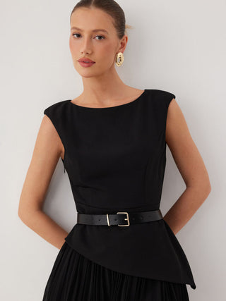 Boat Neck Pleated A-line Mini Dress