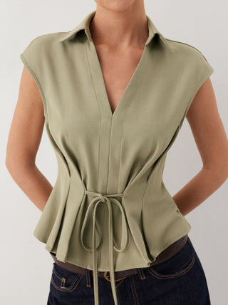 V-Neck Ruched Ruffled Tie Front Blouse