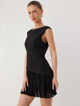 Boat Neck Pleated A-line Mini Dress