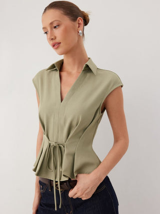 V-Neck Ruched Ruffled Tie Front Blouse