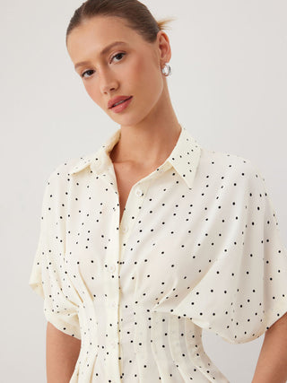 Chiffon Polka Dot Ruched Cinched Waist Batwing Sleeve Blouse