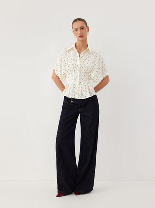 Chiffon Polka Dot Ruched Cinched Waist Batwing Sleeve Blouse