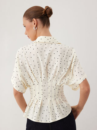 Chiffon Polka Dot Ruched Cinched Waist Batwing Sleeve Blouse