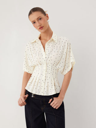 Chiffon Polka Dot Ruched Cinched Waist Batwing Sleeve Blouse
