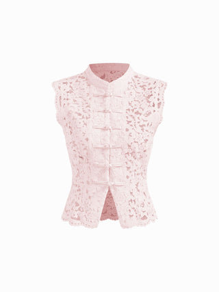 Lace Mandarin Collar Guipure Split Tank Top
