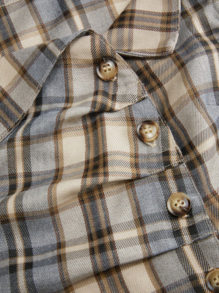 Plaid Asymmetrical Neck Ruched Short Sleeve Blouse