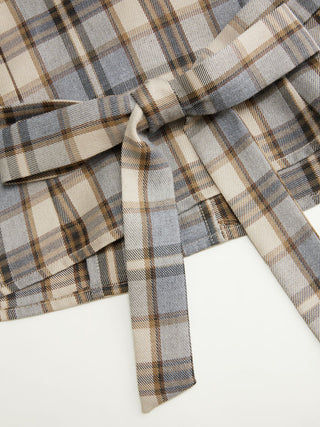 Plaid Asymmetrical Neck Ruched Short Sleeve Blouse