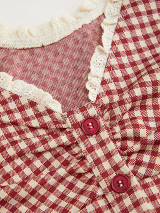 Jacquard Jacquard Gingham Sweetheart Raglan Sleeve Ruched Top For Daily Casual Date
