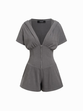 Knit Fabric Textured V-neck Ruched Front Romper For Daily Casual