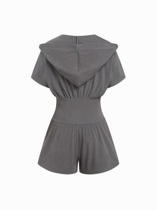 Knit Fabric Textured V-neck Ruched Front Romper For Daily Casual