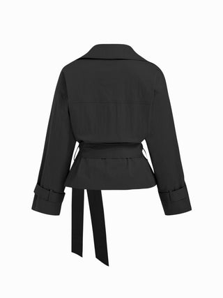 Cotton-blend Collar Long Sleeve Belted Crop Windbreaker