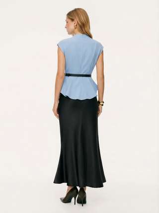 Stand Collar Cinched Waist Top With Belt & Zipper Mermaid Maxi Skirt Set