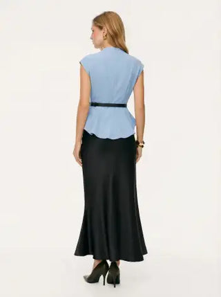 Stand Collar Cinched Waist Top With Belt & Zipper Mermaid Maxi Skirt Set