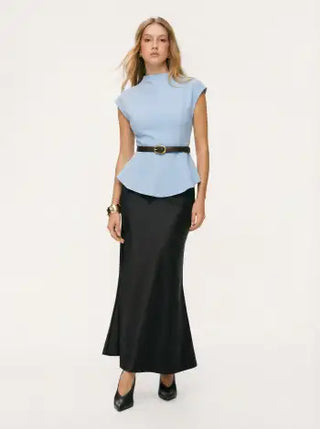 Stand Collar Cinched Waist Top With Belt & Zipper Mermaid Maxi Skirt Set