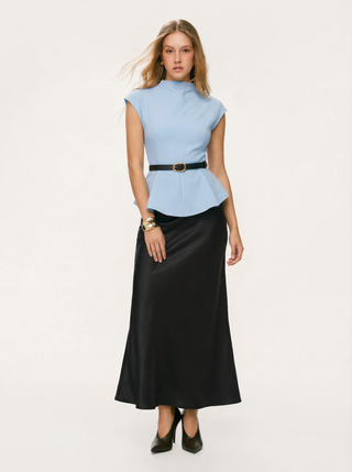 Stand Collar Cinched Waist Top With Belt & Zipper Mermaid Maxi Skirt Set