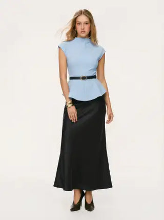 Stand Collar Cinched Waist Top With Belt & Zipper Mermaid Maxi Skirt Set