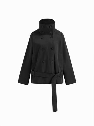 Multi-way Cotton Funnel Neck Double Breasted Oversized Windbreaker With Belt