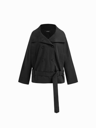 Multi-way Cotton Funnel Neck Double Breasted Oversized Windbreaker With Belt