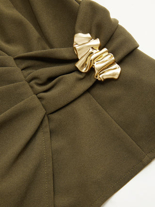 V-Neck Wrap Front Ruched Metal Detailed Top & Mid Rise Wide Leg Trousers Set