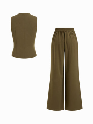 V-Neck Wrap Front Ruched Metal Detailed Top & Mid Rise Wide Leg Trousers Set
