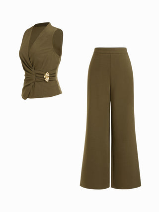 V-Neck Wrap Front Ruched Metal Detailed Top & Mid Rise Wide Leg Trousers Set