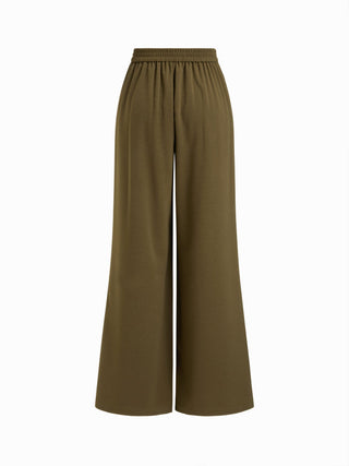 V-Neck Wrap Front Ruched Metal Detailed Top & Mid Rise Wide Leg Trousers Set