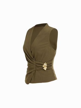 V-Neck Wrap Front Ruched Metal Detailed Top & Mid Rise Wide Leg Trousers Set