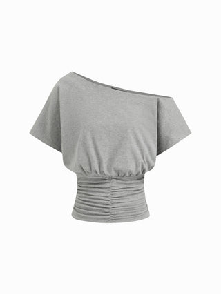 Cotton-blend Asymmetrical Neck Ruched Tee