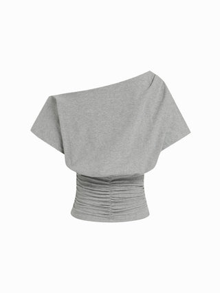 Cotton-blend Asymmetrical Neck Ruched Tee