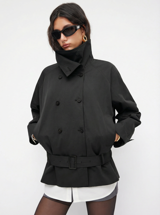Multi-way Cotton Funnel Neck Double Breasted Oversized Windbreaker With Belt