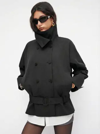 Multi-way Cotton Funnel Neck Double Breasted Oversized Windbreaker With Belt