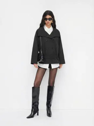 Multi-way Cotton Funnel Neck Double Breasted Oversized Windbreaker With Belt
