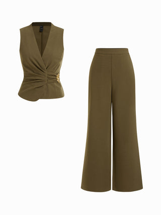 V-Neck Wrap Front Ruched Metal Detailed Top & Mid Rise Wide Leg Trousers Set