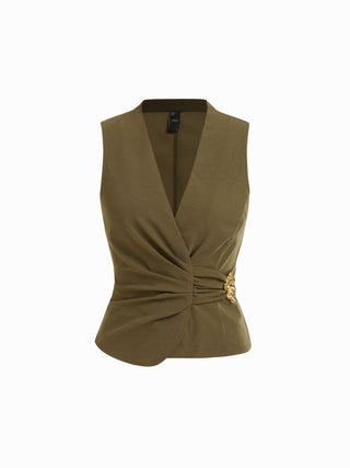 V-Neck Wrap Front Ruched Metal Detailed Top & Mid Rise Wide Leg Trousers Set