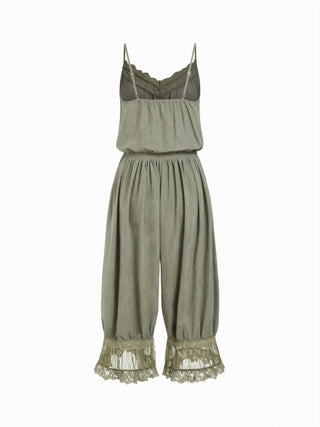 V-neck Lace Panel Oversized Drawstring Bloomer Jumpsuit