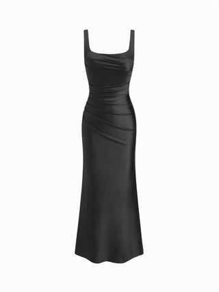 Satin Sculptural Square Neck Ruched Mermaid Maxi Dress