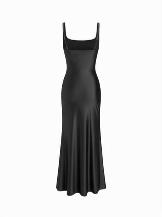 Satin Sculptural Square Neck Ruched Mermaid Maxi Dress