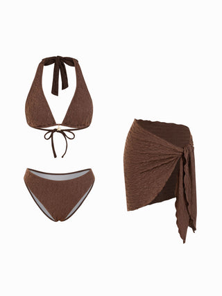 3 Piece Halter Neckline Lace Triangle Bikini Top & Cheeky Bottom With Sarong Bikini Set