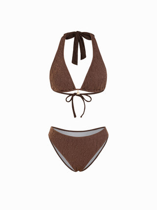 3 Piece Halter Neckline Lace Triangle Bikini Top & Cheeky Bottom With Sarong Bikini Set