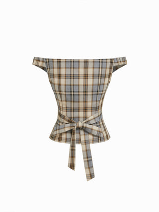 Plaid Asymmetrical Neck Ruched Short Sleeve Blouse