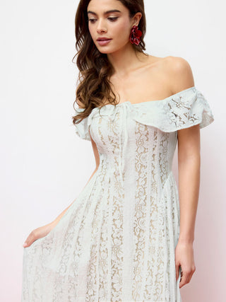 Lace Sculptural Off-Shoulder Knotted Flared Maxi Dress