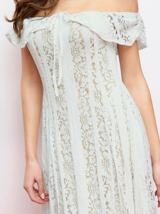Lace Sculptural Off-Shoulder Knotted Flared Maxi Dress