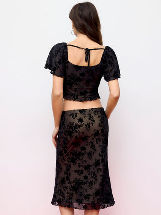 Mesh Sweetheart Floral Lace Ruffled Top & Lettuce Trim Mermaid Maxi Skirt Set