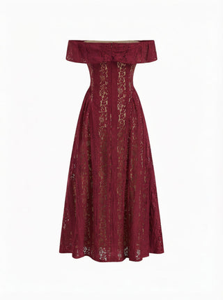 Lace Sculptural Off-Shoulder Knotted Flared Maxi Dress