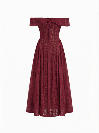 Lace Sculptural Off-Shoulder Knotted Flared Maxi Dress