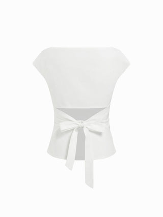 Linen-blend Boat Neck Ruched Cut Out Tie Back Top