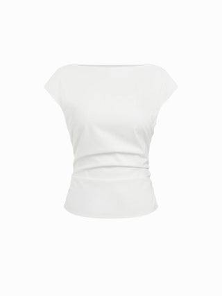 Linen-blend Boat Neck Ruched Cut Out Tie Back Top