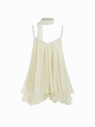 Sequin V-Neck Halter Ruffled Hem Oversized Mini Dress With Scarf