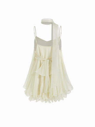 Sequin V-Neck Halter Ruffled Hem Oversized Mini Dress With Scarf