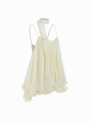 Sequin V-Neck Halter Ruffled Hem Oversized Mini Dress With Scarf